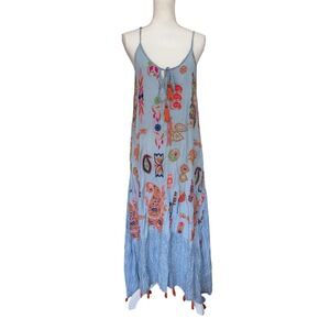 Ruby Yaya Women's Embroidered‎ Paisley Maxi Dress Blue M Bohemian Tassel